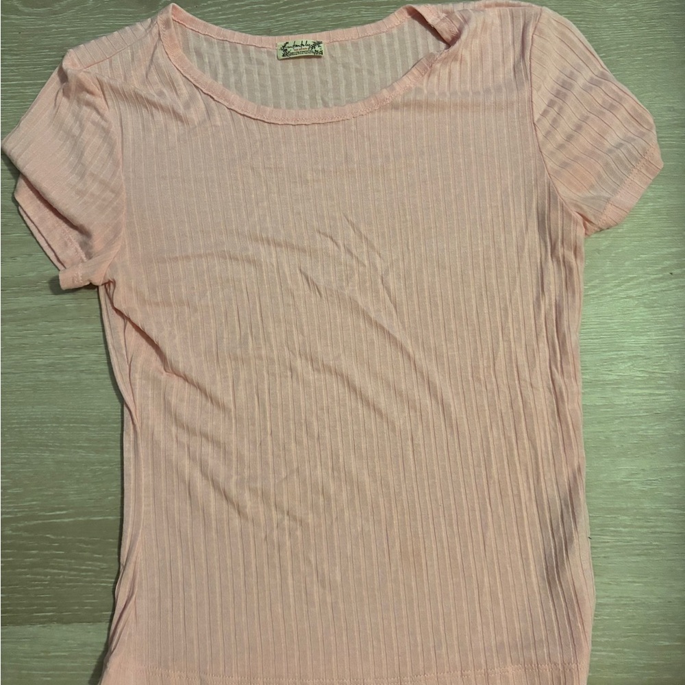 Free People Pink Ribbed Short Sleeve T-Shirt Small